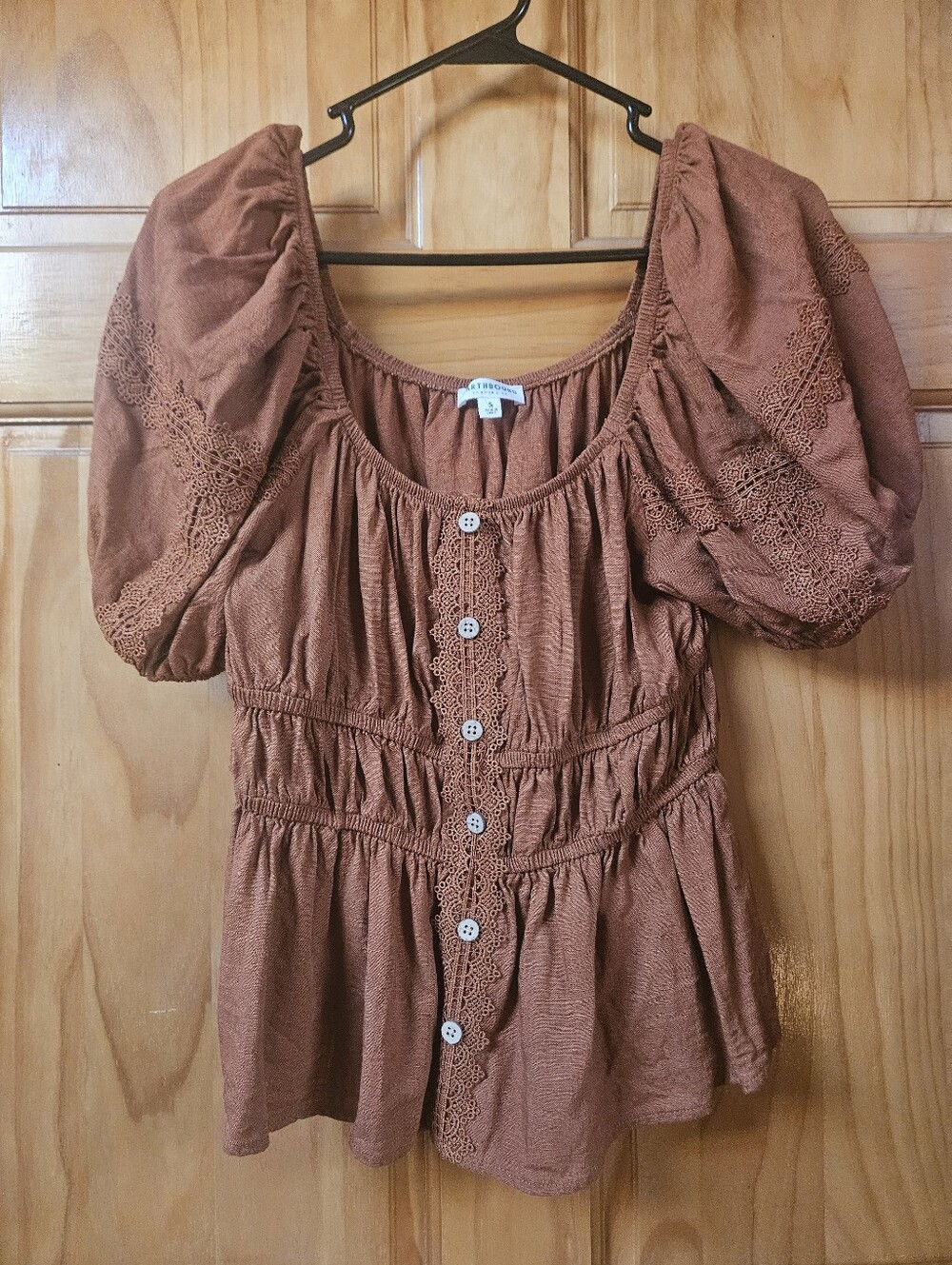 Rust Orange Puff-Sleeve Peplum Blouse Earthbound - Picture 6 of 7